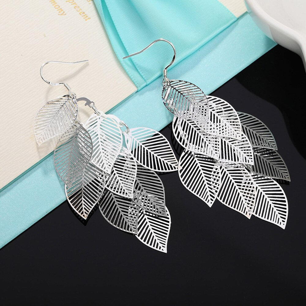 925 Stamp Silver Color Leaf Dangle Earrings For Women 2022 Trend Dangling Earrings Party Christmas Jewelry Gifts For Women