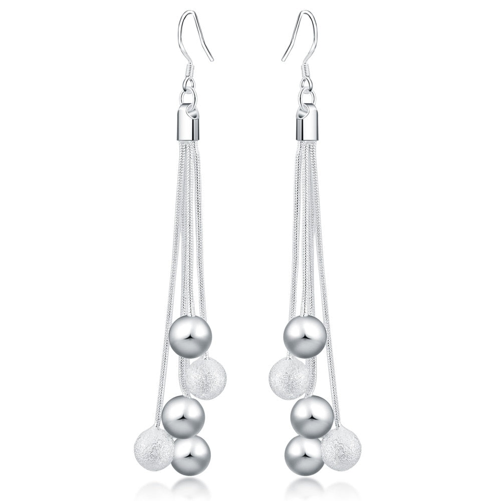925 Stamp Silver Color Long Tassel Hanging Balls Earrings Dangle For Women  Jewelry Accessories Christmas GaaBou