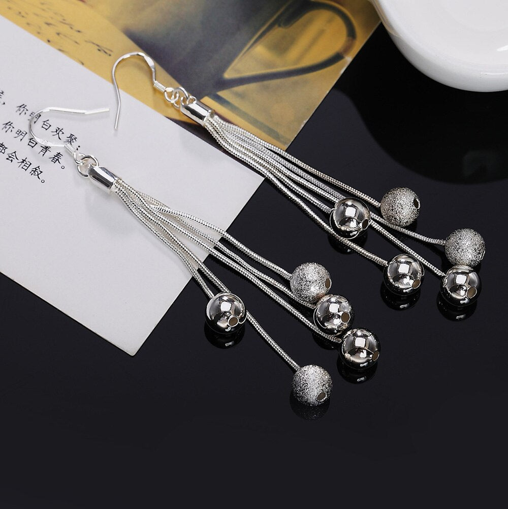 925 Stamp Silver Color Long Tassel Hanging Balls Earrings Dangle For Women  Jewelry Accessories Christmas GaaBou