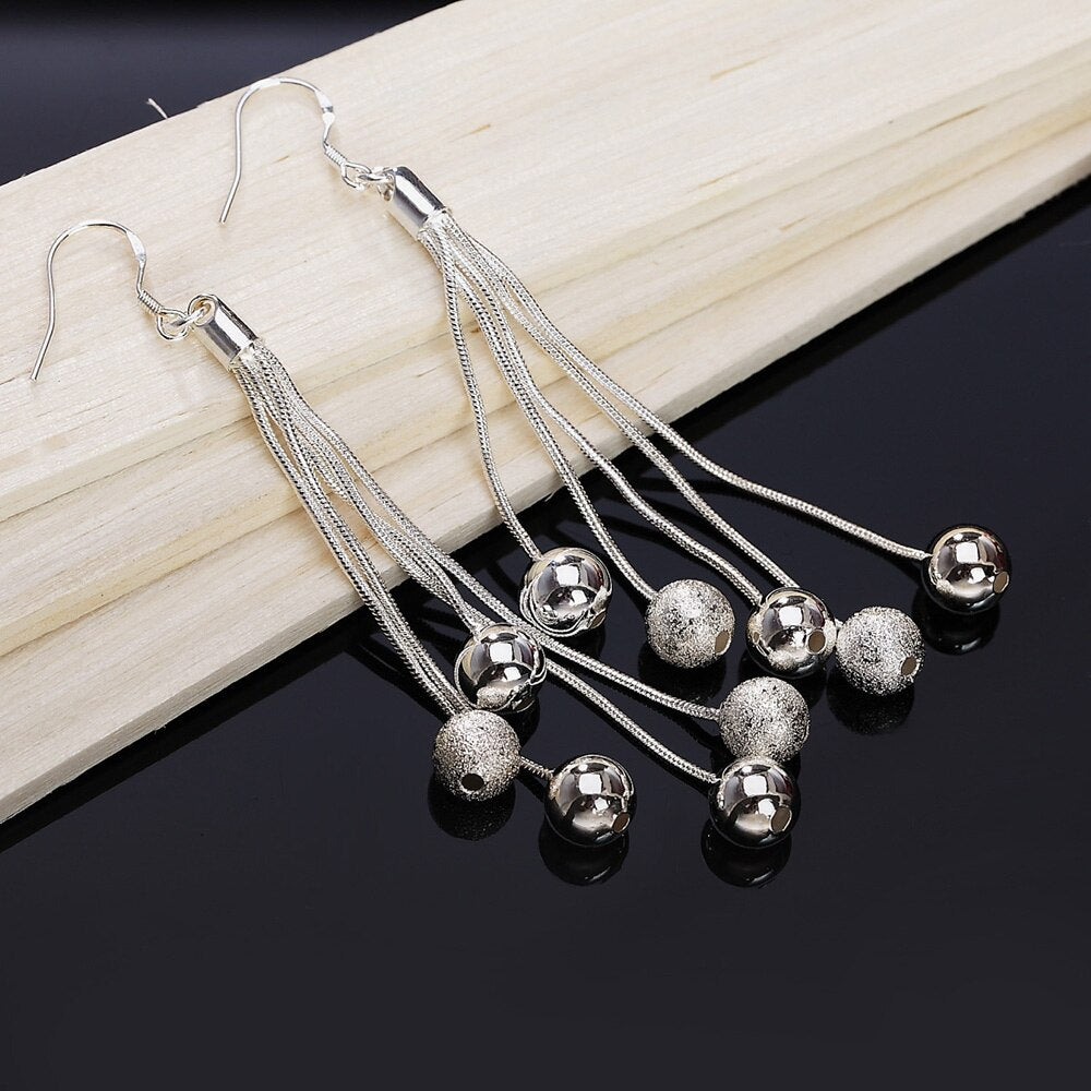 925 Stamp Silver Color Long Tassel Hanging Balls Earrings Dangle For Women  Jewelry Accessories Christmas GaaBou