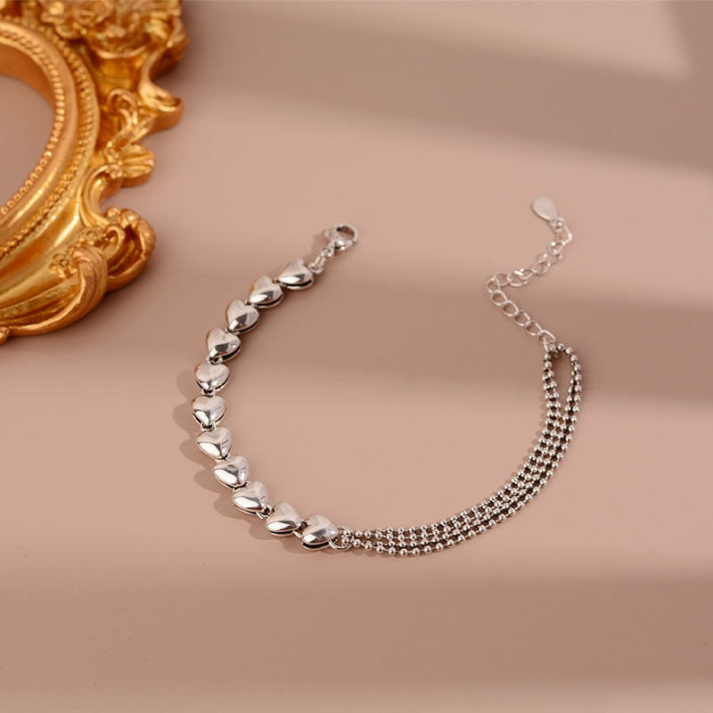925 Stamp Silver Color Love Heart Pendant Bracelet For Women 21cm Double-Deck Chain Bangles Party Jewelry Female Gifts Christmas
