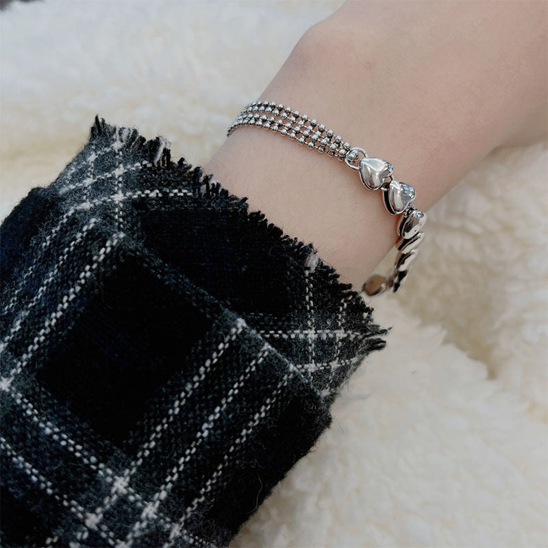 925 Stamp Silver Color Love Heart Pendant Bracelet For Women 21cm Double-Deck Chain Bangles Party Jewelry Female Gifts Christmas