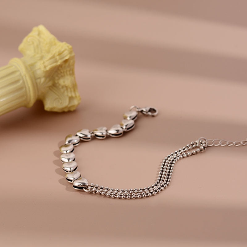 925 Stamp Silver Color Love Heart Pendant Bracelet For Women 21cm Double-Deck Chain Bangles Party Jewelry Female Gifts Christmas