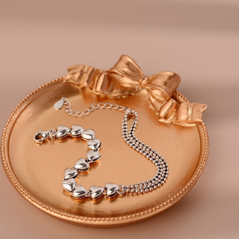 925 Stamp Silver Color Love Heart Pendant Bracelet For Women 21cm Double-Deck Chain Bangles Party Jewelry Female Gifts Christmas