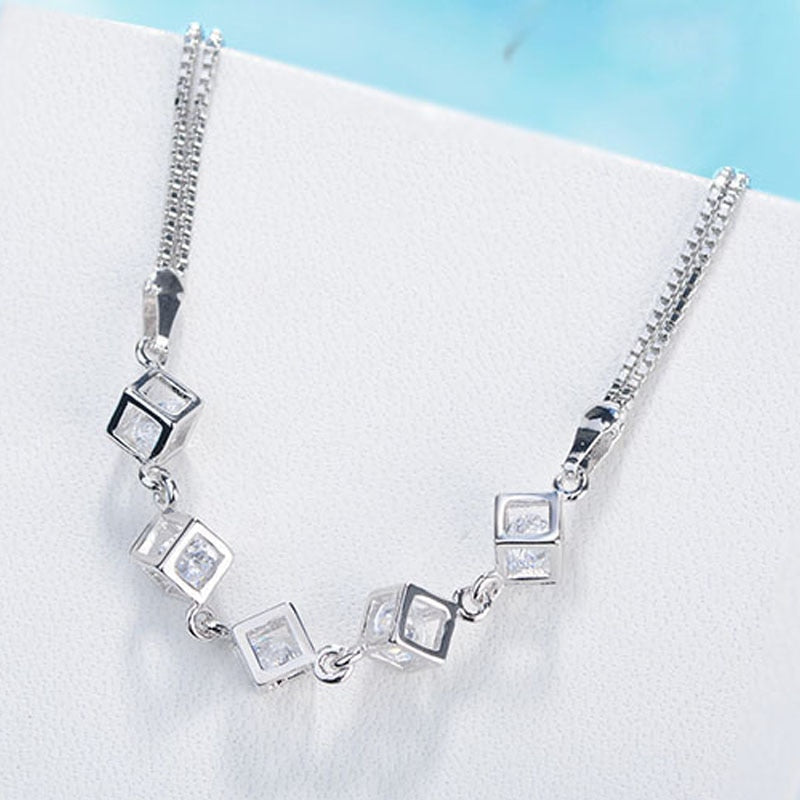 925 Stamp Silver Color Lucky Bracelets Cuff Cube Box charm Chain Bangle Women Ladies Girls Jewelry Gift Silber Christmas