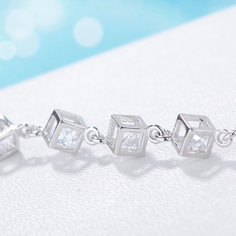 925 Stamp Silver Color Lucky Bracelets Cuff Cube Box charm Chain Bangle Women Ladies Girls Jewelry Gift Silber Christmas