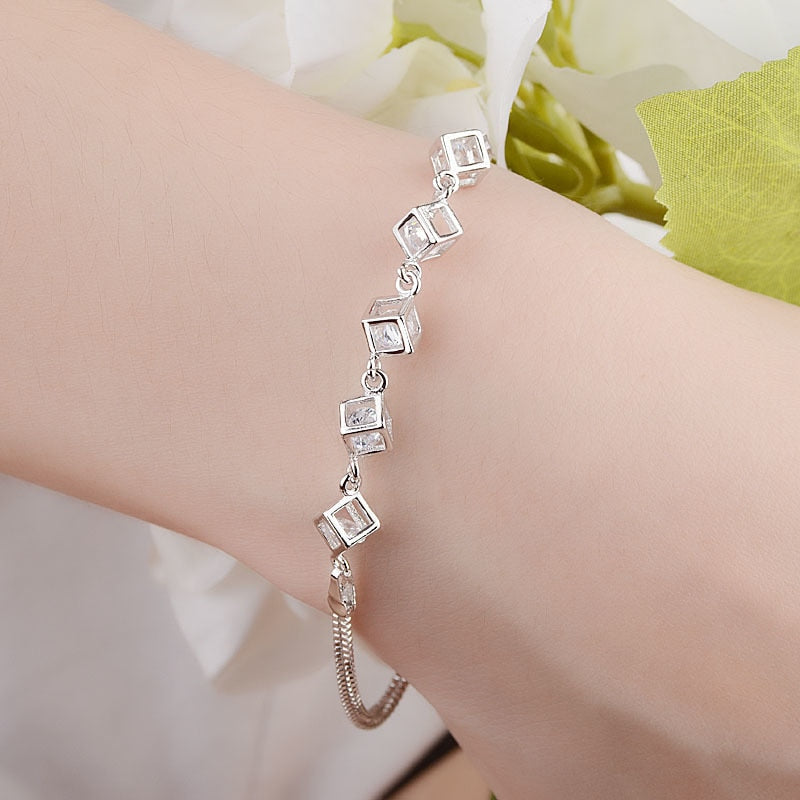 925 Stamp Silver Color Lucky Bracelets Cuff Cube Box charm Chain Bangle Women Ladies Girls Jewelry Gift Silber Christmas