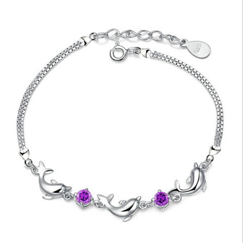 925 Stamp Silver Color Lucky Bracelets Chain Bangle Animal Dolphin Zirconia bangle Women ladies Jewelry Gift Christmas