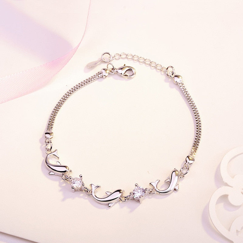 925 Stamp Silver Color Lucky Bracelets Chain Bangle Animal Dolphin Zirconia bangle Women ladies Jewelry Gift Christmas