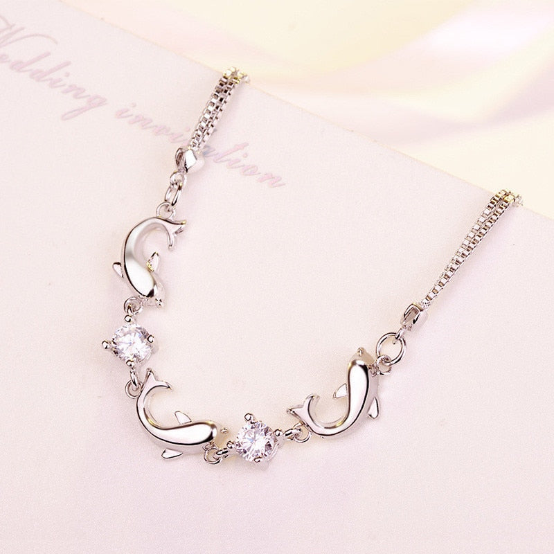925 Stamp Silver Color Lucky Bracelets Chain Bangle Animal Dolphin Zirconia bangle Women ladies Jewelry Gift Christmas