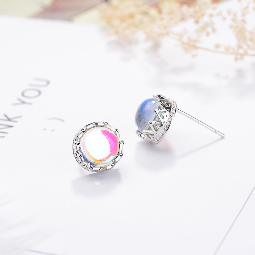 925 Stamp Silver Color Moonstone Stud Earrings For Women Korean Simple Vintage Girl Wedding Jewelry Gift