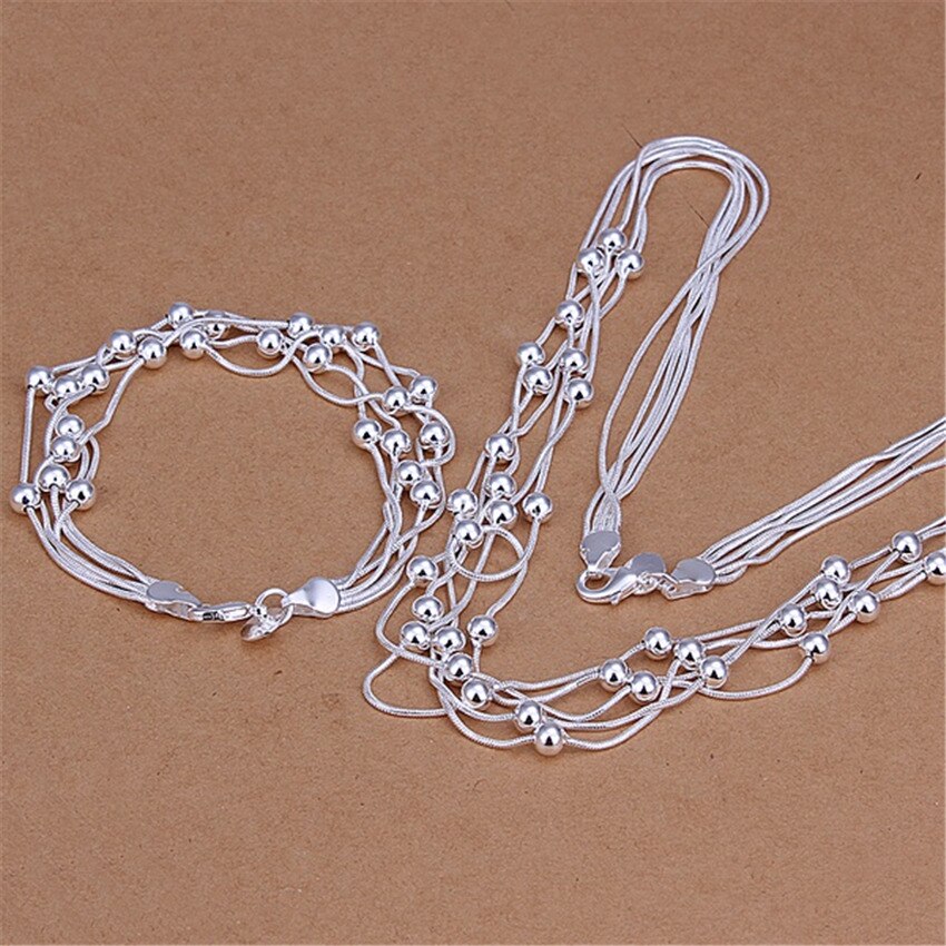 925 Stamp Silver Color Necklace Bracelets For Women Bead  Exquisite Ladies Engagement Wedding Jewelry Set