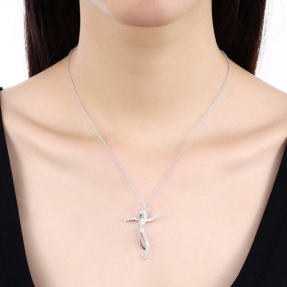 925 Stamp Silver Color Necklace Pendant Charm Choker  Girl Retro Lucky Cross Zircon Elegant Link Chain Jewelry Gift