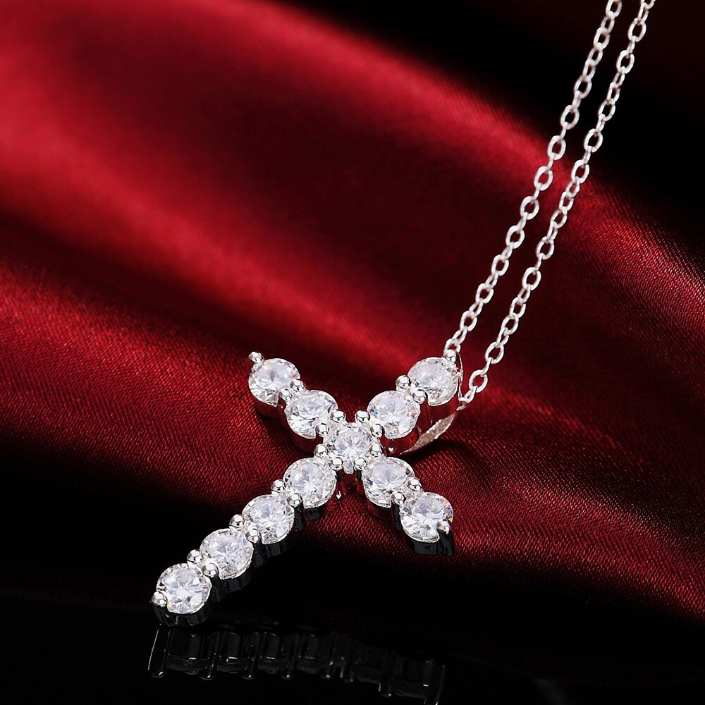 925 Stamp Silver Color Necklace Pendant Girl Link Chain Vintage Charm  Wedding Zircon Cross Party Jewelry