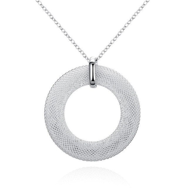 925 Stamp Silver Color Necklace Pendant  Wedding Fine Link Chain Vintage Round Reticular Elegant Jewelry