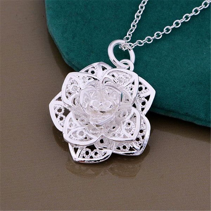 925 Stamp Silver Color Necklace Pendant Zircon Girl Charm Link Chain Choker Fine Vintage Lucky Flower Jewelry Gift