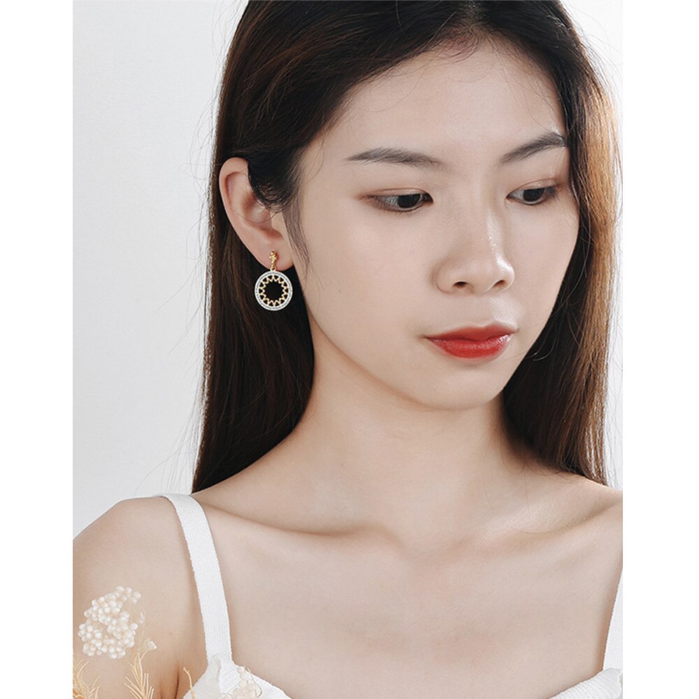 925 Stamp Silver Color Jewelry  Dangle Hollow Round Classic Stud Earrings For Women Retro Trendy Wedding Girls Gift