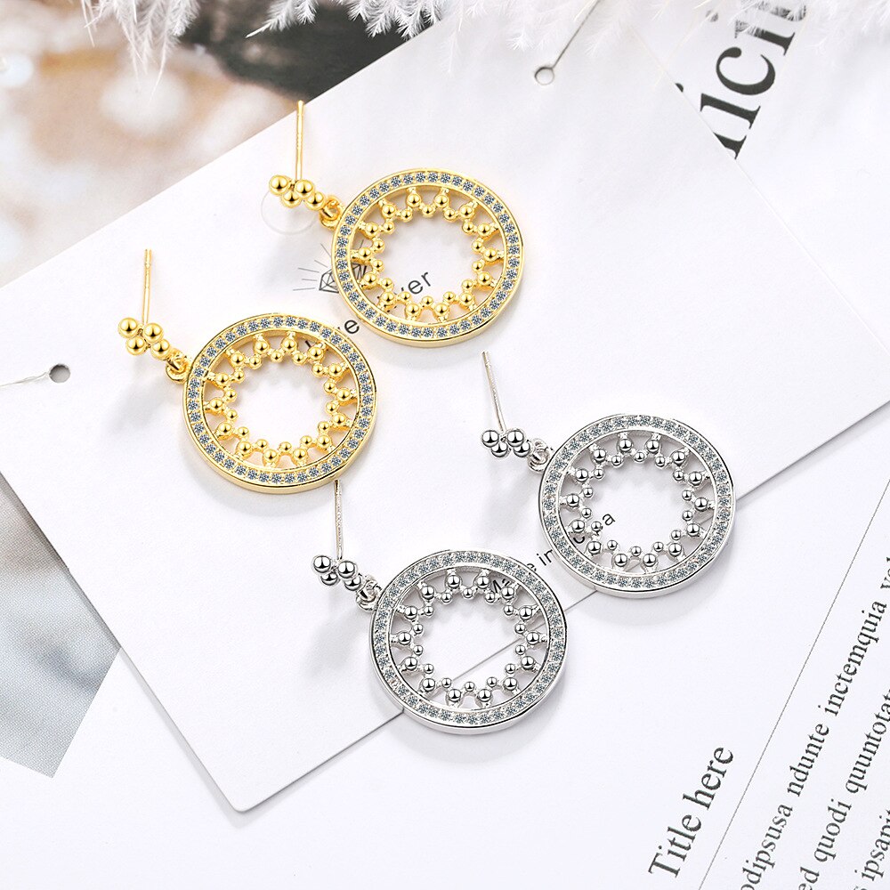 925 Stamp Silver Color Jewelry  Dangle Hollow Round Classic Stud Earrings For Women Retro Trendy Wedding Girls Gift