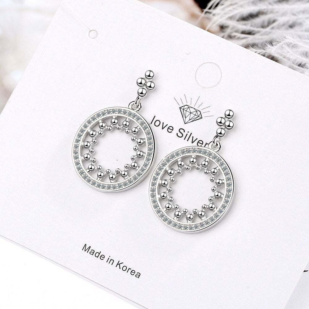 925 Stamp Silver Color Jewelry  Dangle Hollow Round Classic Stud Earrings For Women Retro Trendy Wedding Girls Gift