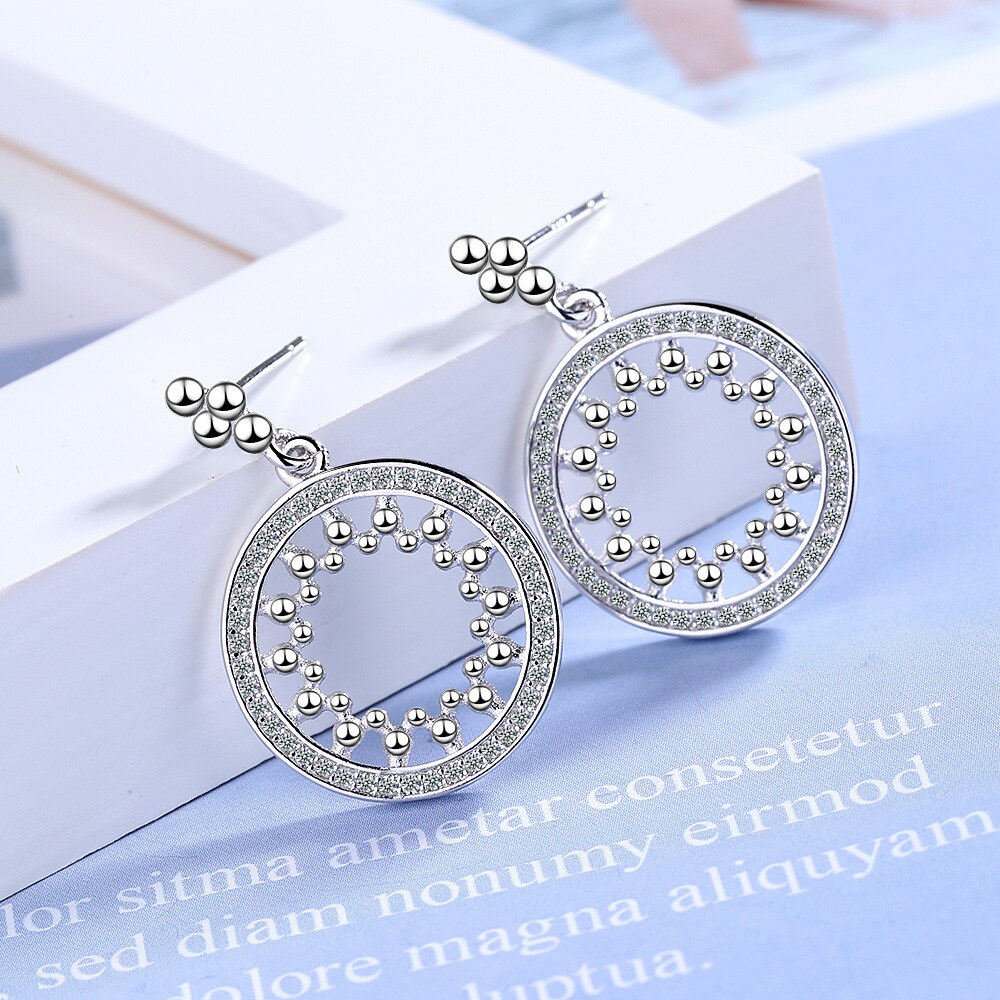 925 Stamp Silver Color Jewelry  Dangle Hollow Round Classic Stud Earrings For Women Retro Trendy Wedding Girls Gift