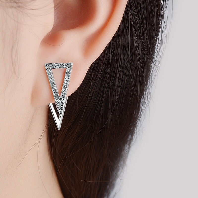 925 Stamp Silver Color Jewelry  Double Triangle Zircon Earrings For Women Retro Trendy Party Girls Gift Christmas