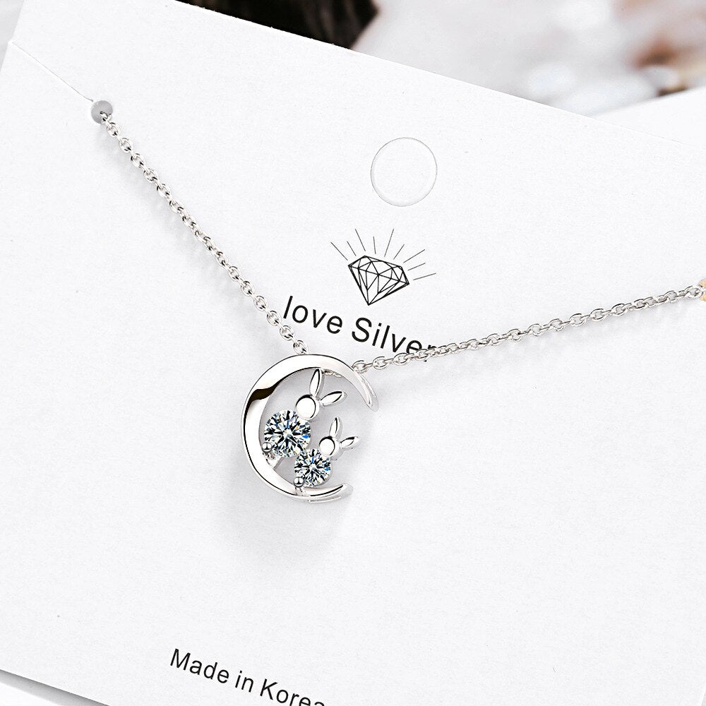 925 Stamp Silver Color Rabbit Zircon Moon Pendants And Necklaces For Women Wedding Party Engagement Charm Jewelry Gifts GaaBou