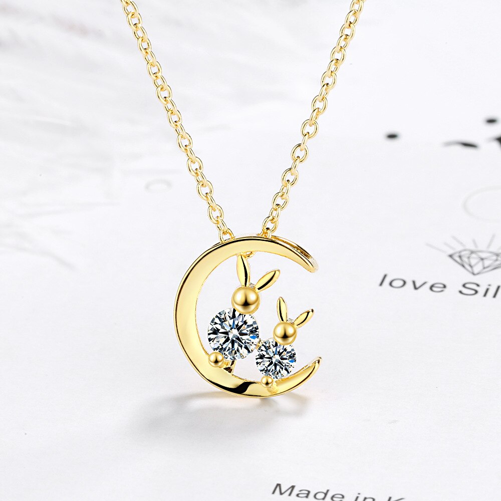 925 Stamp Silver Color Rabbit Zircon Moon Pendants And Necklaces For Women Wedding Party Engagement Charm Jewelry Gifts GaaBou