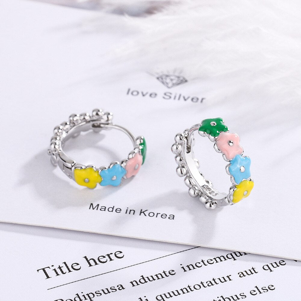 925 Stamp Silver Color Ring Earrings Small Cherry Flower Stud Earring For Women Vintage Bridal Wedding Party  Jewelry