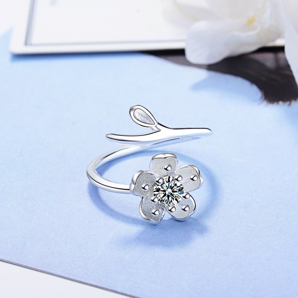 925 Stamp Silver Color Sakura Adjustable Open Finger Rings For Women Girls Wedding Dorpshipping Anelli Fine Party Jewelry