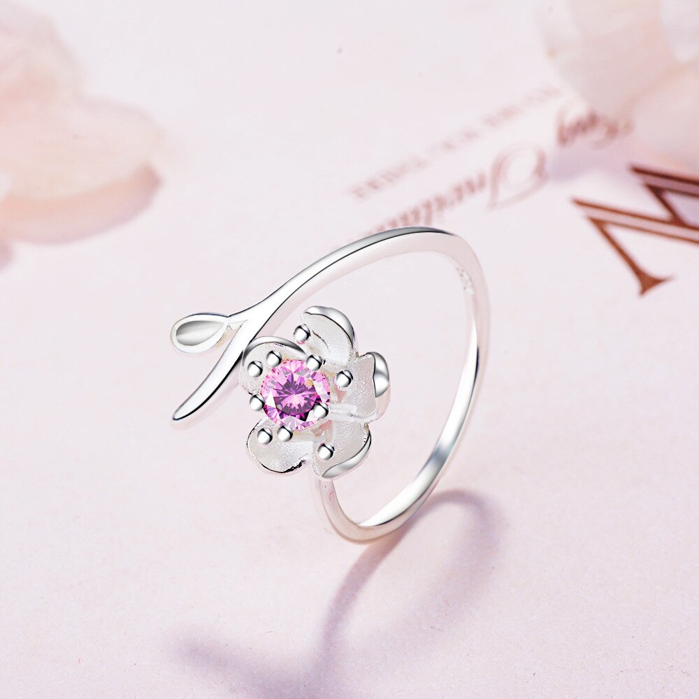 925 Stamp Silver Color Sakura Adjustable Open Finger Rings For Women Girls Wedding Dorpshipping Anelli Fine Party Jewelry