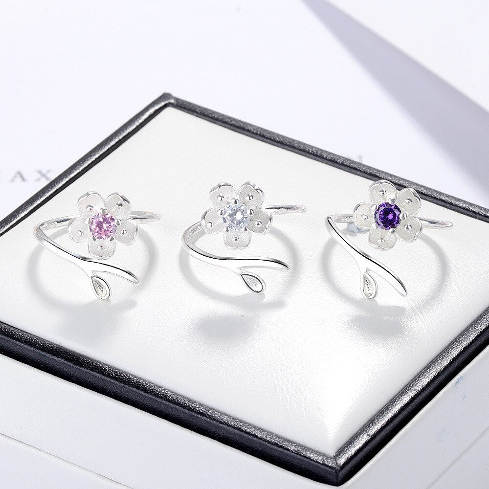 925 Stamp Silver Color Sakura Adjustable Open Finger Rings For Women Girls Wedding Dorpshipping Anelli Fine Party Jewelry