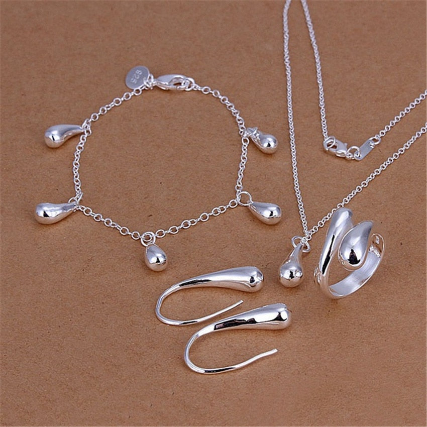 925 Stamp Silver Color Sets Water Earrings drop Rings Bracelet Necklaces Womens Costume Party Wedding Jewellery Set Jewelry 4PCS