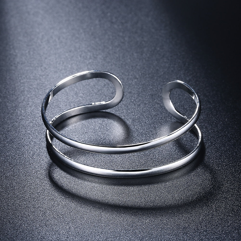 925 Stamp Silver Color Simple Line Cuff Bracelets For Women  Retro Bangles Wedding Party Jewelry Christmas Gift GaaBou