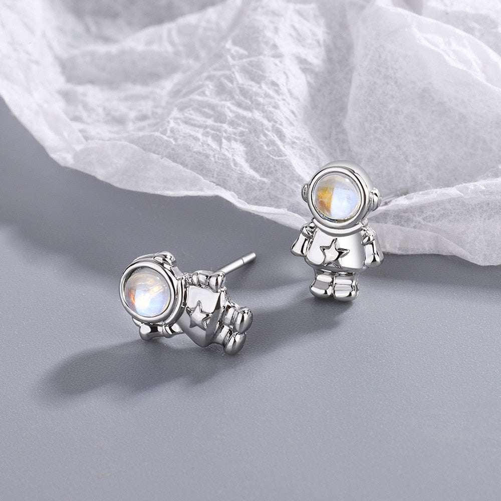 925 Stamp Silver Color Small Astronaut Stud Earrings Women's Crystals Earring Piercing Party Jewelry 2022 Christmas