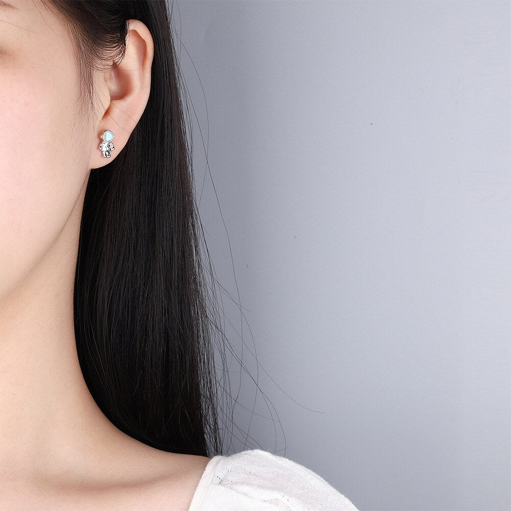 925 Stamp Silver Color Small Astronaut Stud Earrings Women's Crystals Earring Piercing Party Jewelry 2022 Christmas