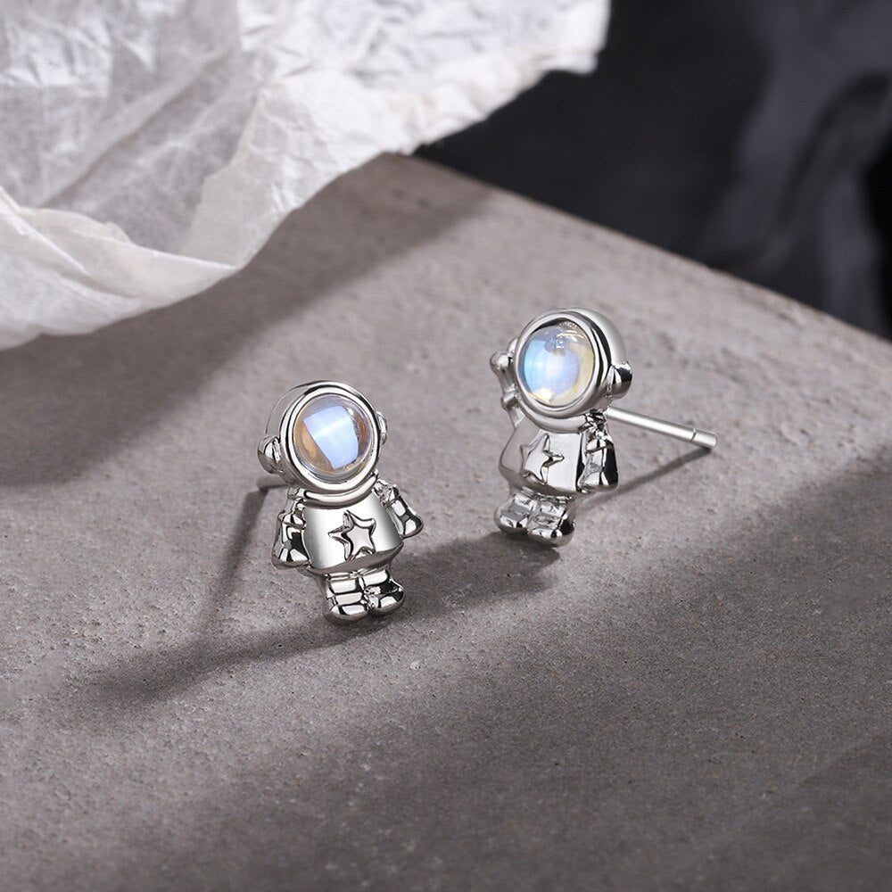 925 Stamp Silver Color Small Astronaut Stud Earrings Women's Crystals Earring Piercing Party Jewelry 2022 Christmas