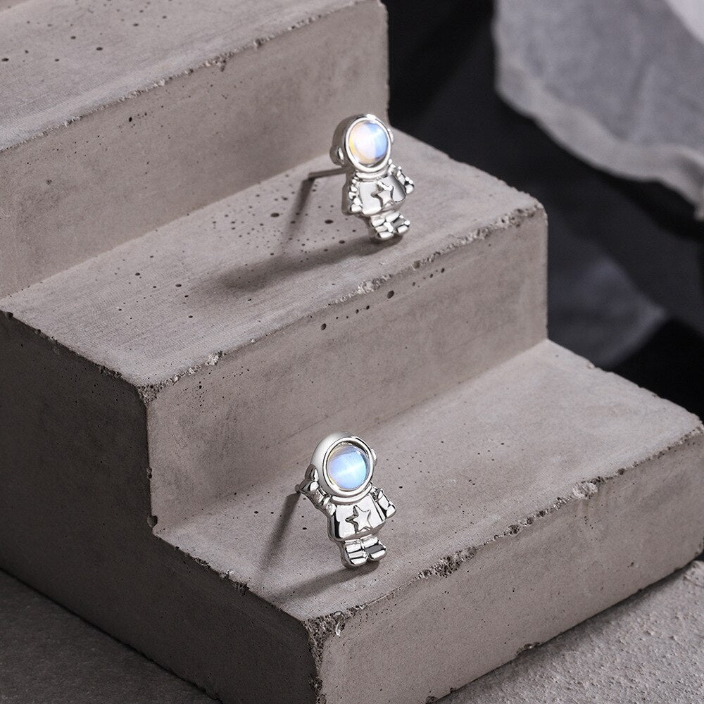 925 Stamp Silver Color Small Astronaut Stud Earrings Women's Crystals Earring Piercing Party Jewelry 2022 Christmas