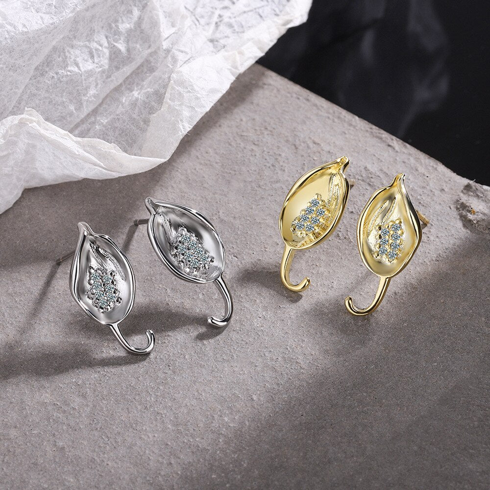 925 Stamp Silver Color Small Leaf Stud Earrings Women's Gold Zircon Earring Piercing Ear Wedding Jewelry 2022