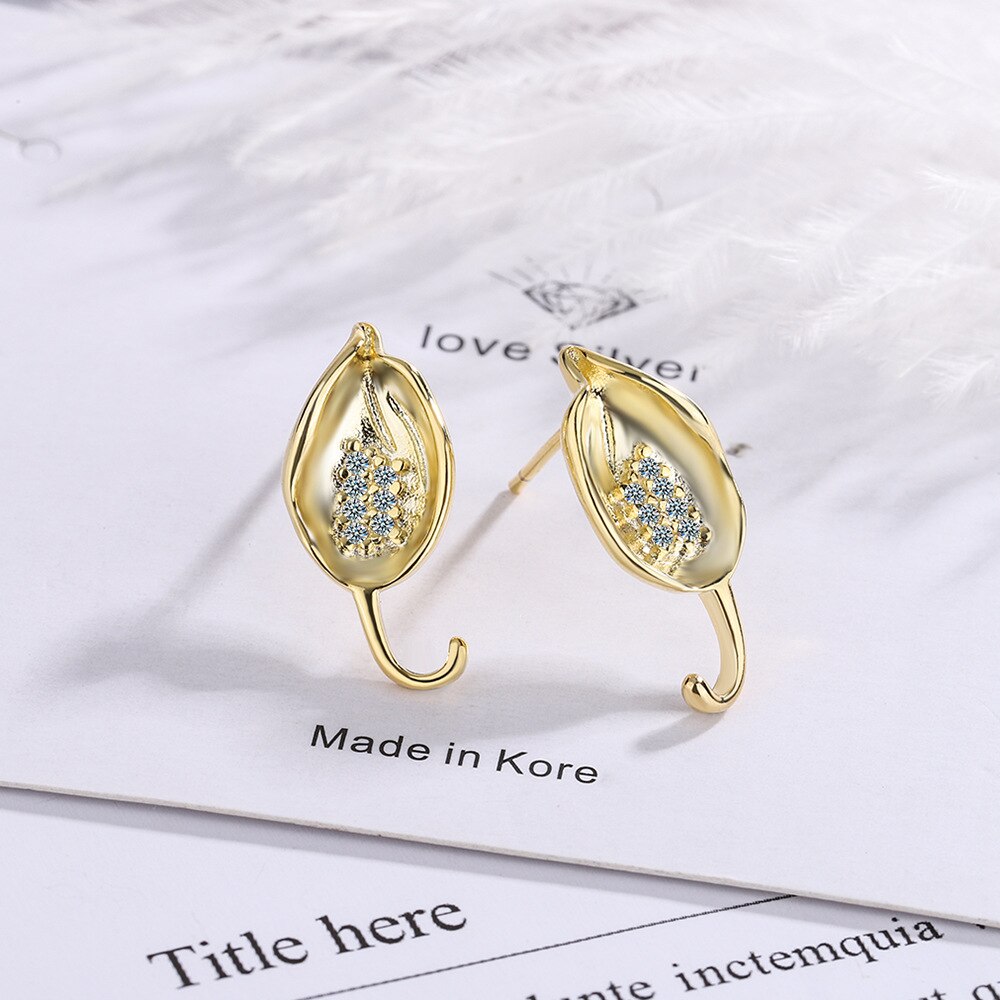 925 Stamp Silver Color Small Leaf Stud Earrings Women's Gold Zircon Earring Piercing Ear Wedding Jewelry 2022