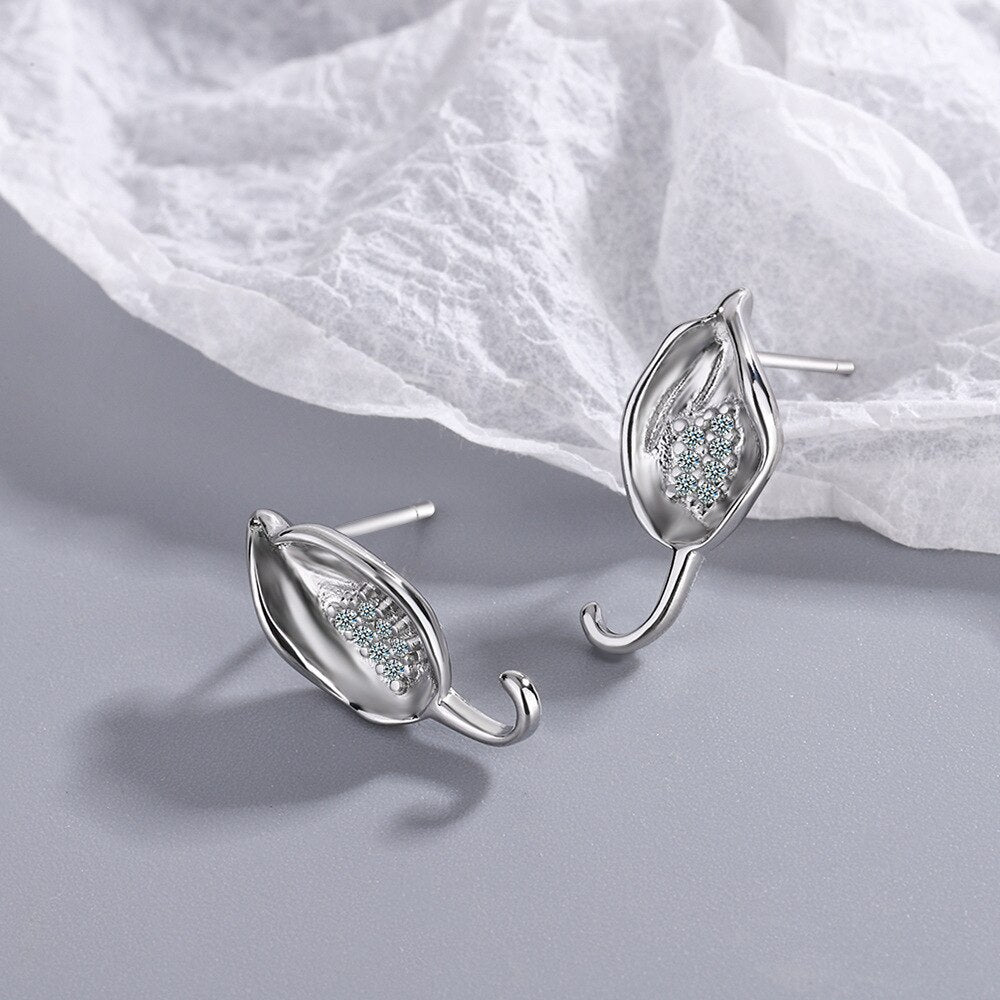 925 Stamp Silver Color Small Leaf Stud Earrings Women's Gold Zircon Earring Piercing Ear Wedding Jewelry 2022