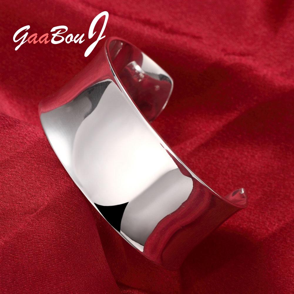 925 Stamp Silver Color Smooth Cuff Bangle Bracelets For Women  Open Bracelets on Hand Christmas Jewelry GaaBou