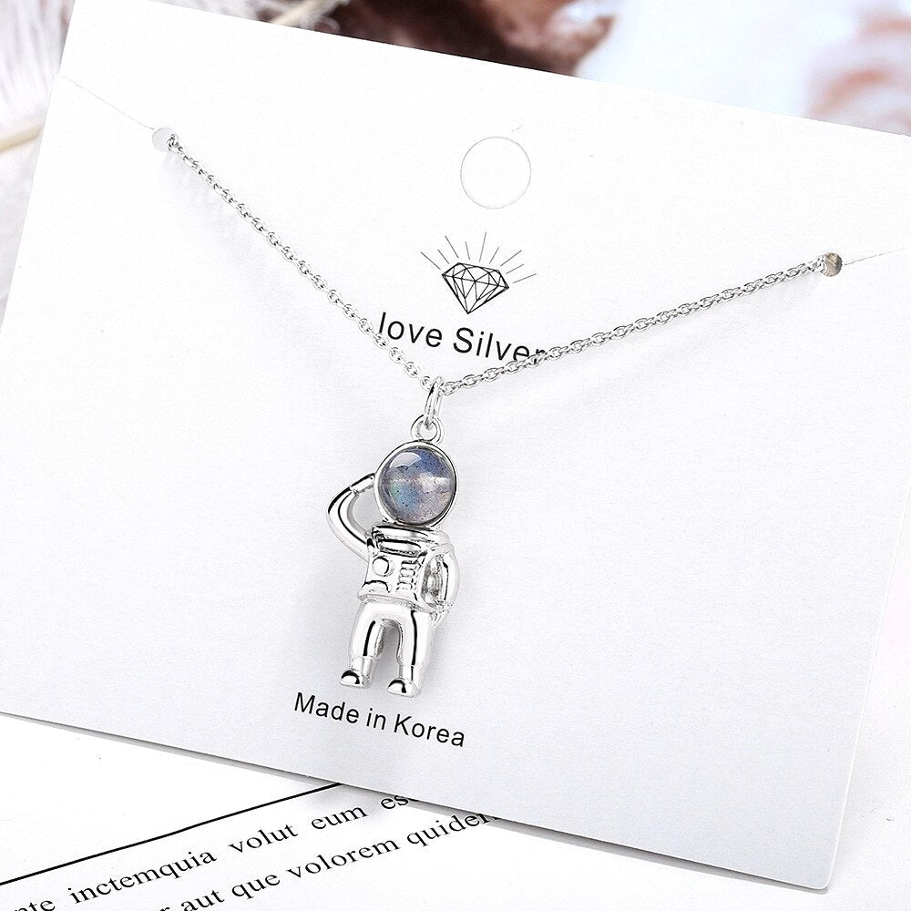 925 Stamp Silver Color Spaceman Crystal Pendants And Necklaces For Women Korean Wedding Girl Jewelry GaaBou Jewellery