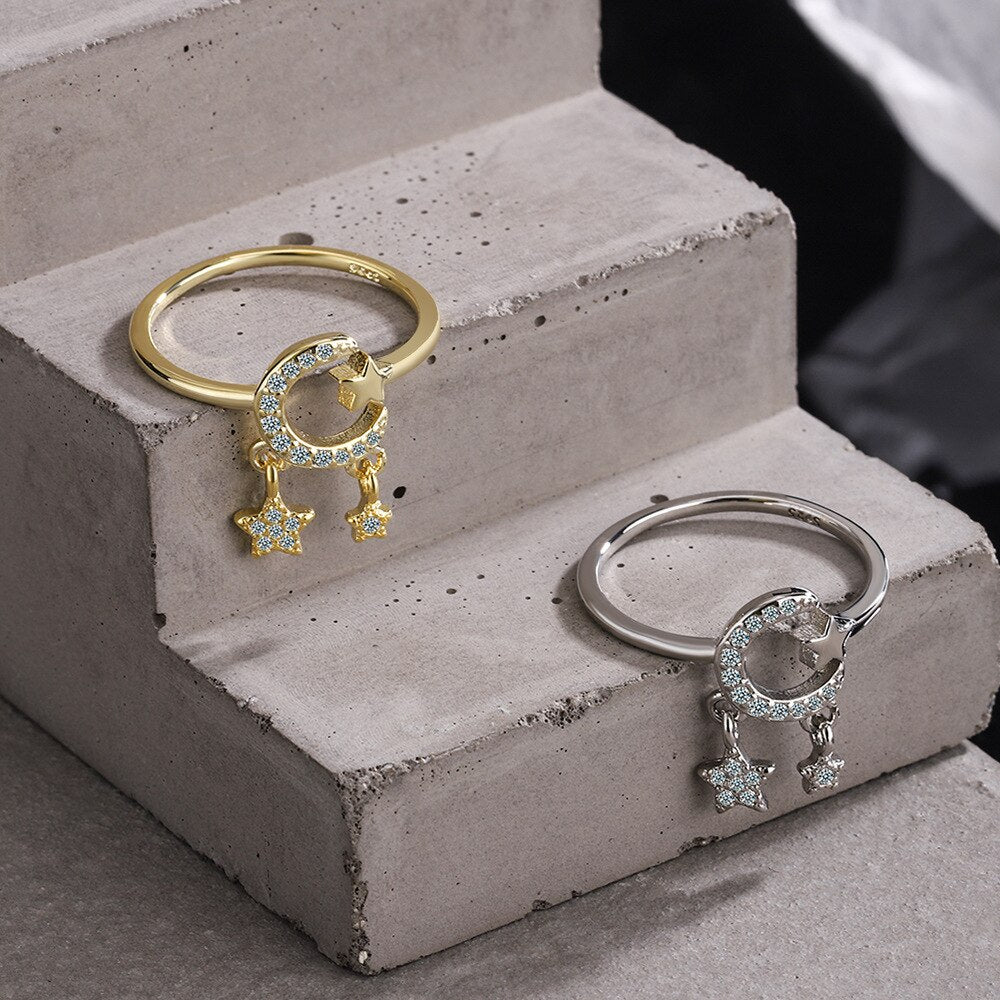 925 Stamp Silver Color Star Moon Adjustable Rings For Women Korean Gold Zircon Ring Wedding  Fine Jewelry Trend
