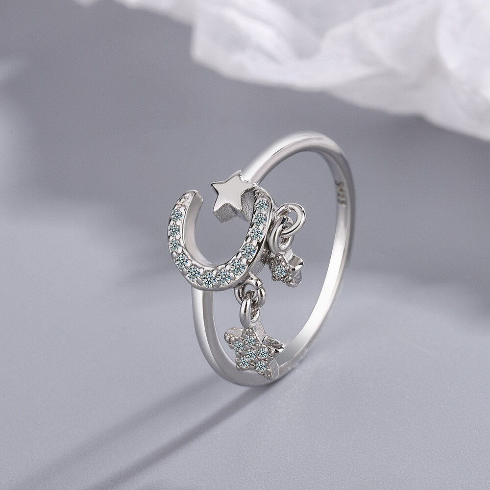 925 Stamp Silver Color Star Moon Adjustable Rings For Women Korean Gold Zircon Ring Wedding  Fine Jewelry Trend