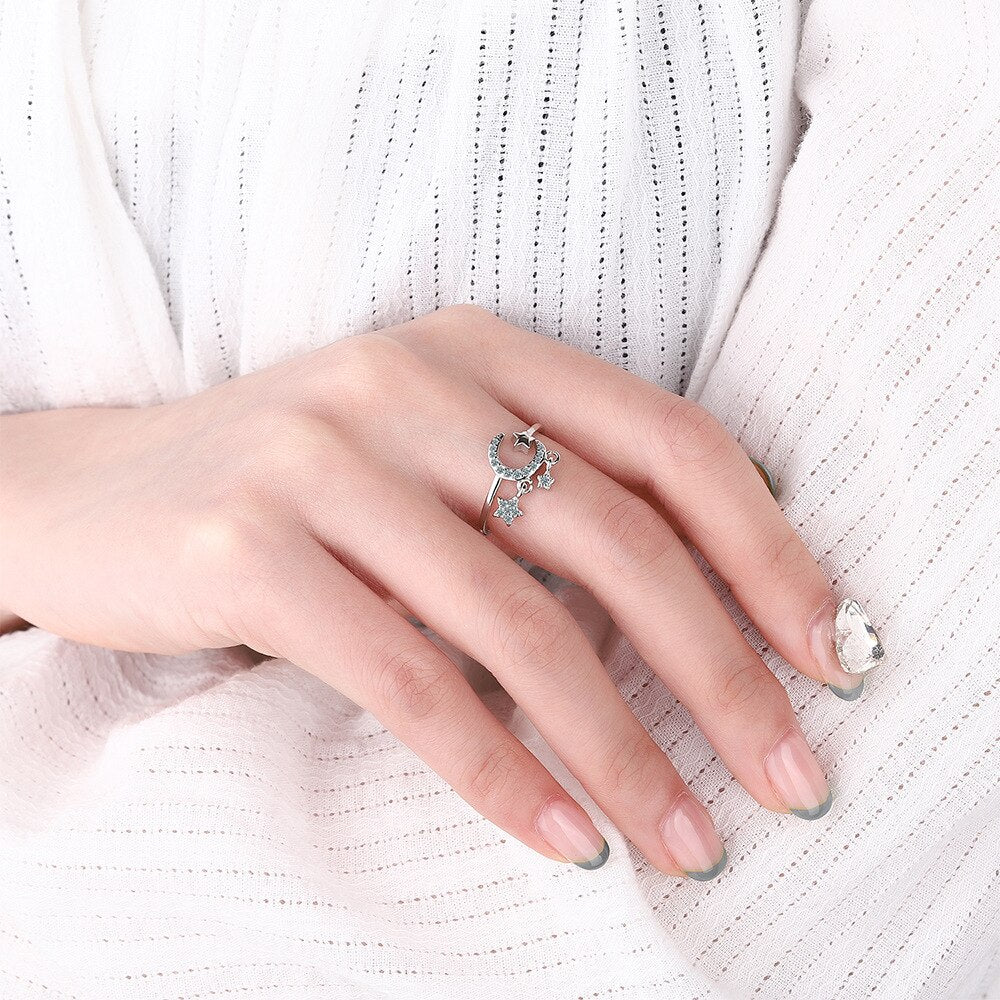 925 Stamp Silver Color Star Moon Adjustable Rings For Women Korean Gold Zircon Ring Wedding  Fine Jewelry Trend