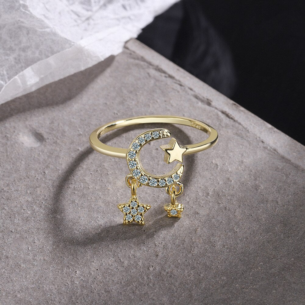 925 Stamp Silver Color Star Moon Adjustable Rings For Women Korean Gold Zircon Ring Wedding  Fine Jewelry Trend