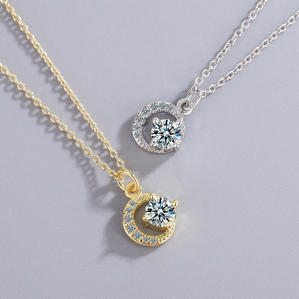 925 Stamp Silver Color Star Moon Pendant Zircon Crystals Necklace For Women Engagement Wedding Party  Quality Jewelry