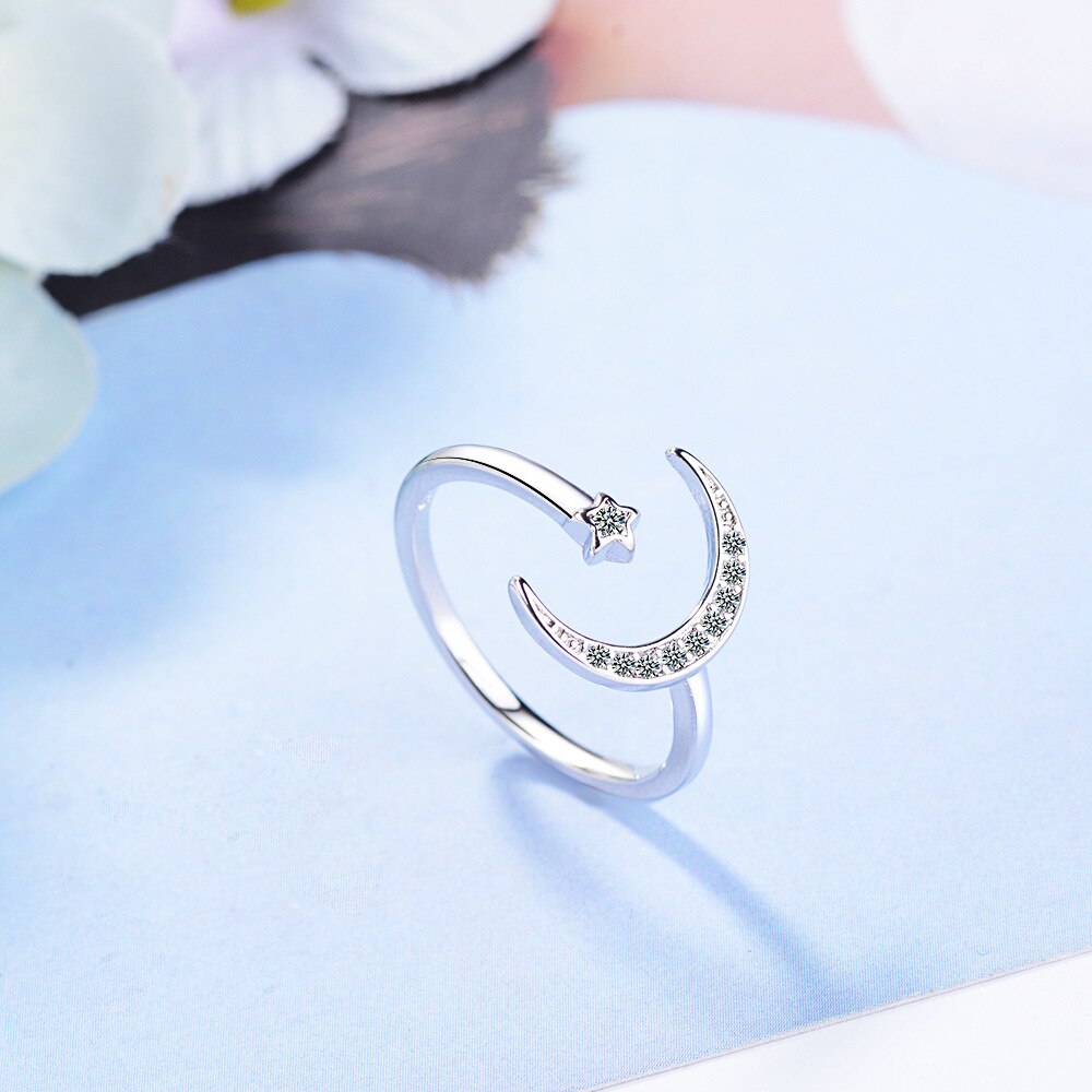 925 Stamp Silver Color Star Moon Zircon Adjustable Open Finger Rings For Women Girls Wedding Dorpshipping Anelli Party Jewelry