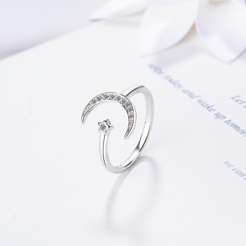 925 Stamp Silver Color Star Moon Zircon Adjustable Open Finger Rings For Women Girls Wedding Dorpshipping Anelli Party Jewelry