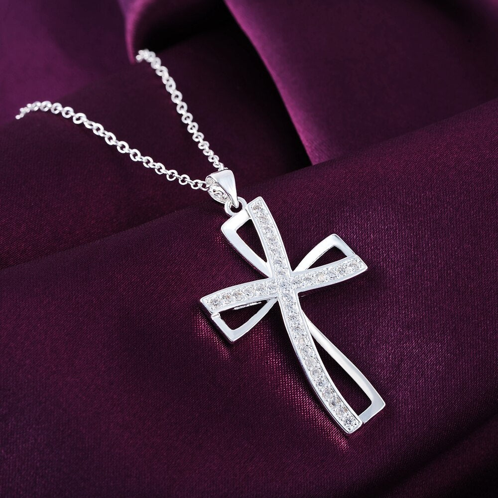 925 Stamp Silver Color Style Cross Vintage Retro Charm Lucky Pendant Necklace Womens Jewellery